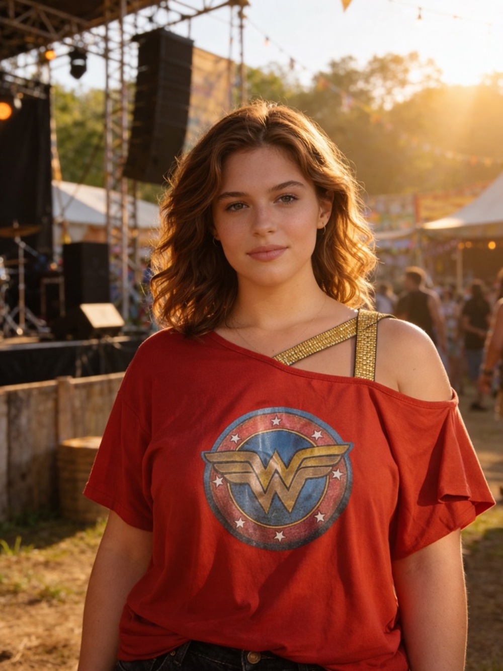 Wonder Woman Graphic Off-Shoulder Red Tee NWOT
